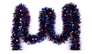 Close-up of red, blue and silver tinsel garland with stars for Independence Day decor