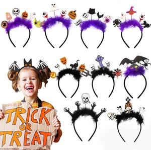 Detail of Halloween headbands with purple feathers, skulls, pumpkins and bats