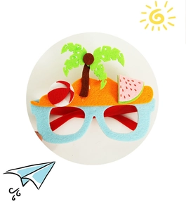 Close-up of tropical felt party glasses with palm tree and beach ball decorations