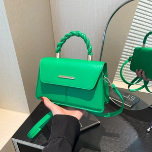 Women Fashion PU Leather Small Square Bag With Twisted Woven Handle Gold Metal Trim Flap Shoulder Crossbody Handbag Purse
