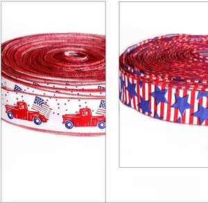 Close-up of USA Independence Day ribbons with flag patterns and red truck motifs