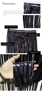 Detail of 1x2m black laser foil curtain showing PET material and 0.6mm adhesive tape
