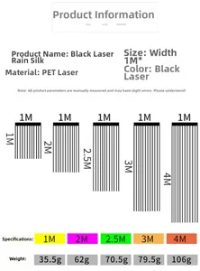 Size chart for black laser tinsel curtains showing length and weight specifications