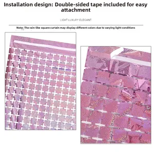 Detail of pink laser square foil curtain with adhesive tape for party wall decoration