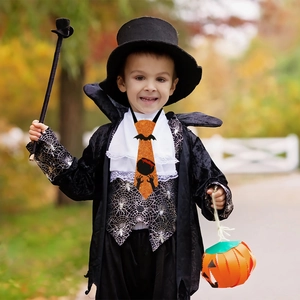 Kids Halloween necktie featuring orange glitter fabric and a black bat pumpkin design
