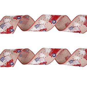 Close-up of Independence Day burlap ribbon with vintage truck and star pattern