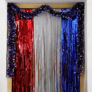 Red White Blue Independence Day Tinsel Garland With Silver Stars PET Metallic Foil Streamer For July 4th Party Decorations