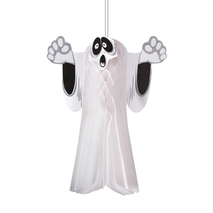 Macro shot of a white honeycomb paper ghost hanging decoration for Halloween parties