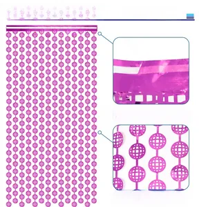 Detail view of purple disco ball foil fringe curtain with adhesive tape for party decor