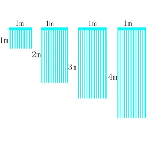 Size chart showing 1m wide shiny blue fringe curtains in 1m, 2m, 3m, and 4m length options