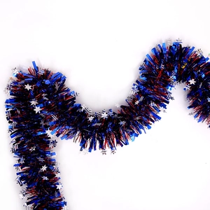 Red blue and silver Independence Day tinsel garland with metallic stars for party decor