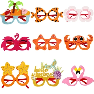 Set of 9 colorful Hawaiian party glasses with flamingo and mermaid themes for photobooth
