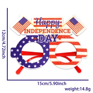 Close-up of July 4th party glasses with glitter USA flag colors and size dimensions