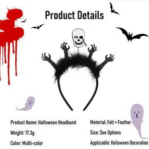 Halloween headband with skull and black glitter claws plus soft feathers decoration