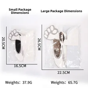 Size comparison and packaging dimensions for foot care pads in small and large versions