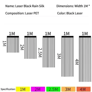 Size chart for black laser foil fringe curtain in multiple lengths for party background