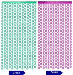 Detail view of green and purple disco foil fringe curtains with round grid sequins