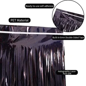 Black laser foil fringe curtain with 6mm adhesive tape for birthday party background decor