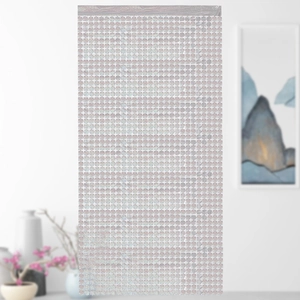 Detail of silver laser square grid fringe curtain with metallic reflective texture