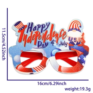 Detail of 4th of July party glasses with USA glitter design and dimension specifications