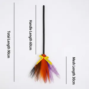 Balai de sorcière Halloween 90cm avec jupe en tulle orange violet pour décor de fête