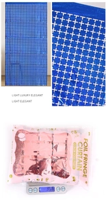 Detail showing bright blue foil fringe curtain with laser square pattern and lightweight design