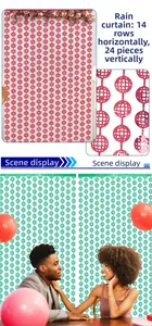 Detail of red and green disco ball foil fringe curtain backdrop for party decoration