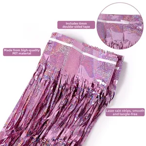 2M holographic pink laser tinsel curtain with adhesive tape for party wall decor