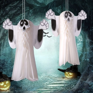 Halloween White Paper Honeycomb Ghost Hanging Decoration Haunted House Bar Party Prop 3D Foldable Spooky Ghost Ornament