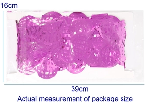 Detail of purple metallic disco ball fringe curtain in 39x16cm packaging for party decor