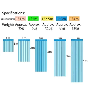Size chart for colorful fringe curtains showing 1m to 4m lengths for party background decor