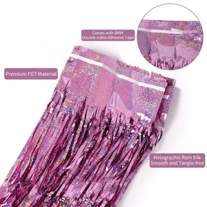 Pink laser tinsel curtain 1x2m with adhesive tape for party wall decoration