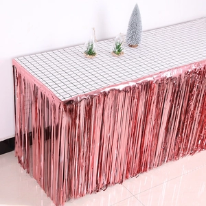 Rose gold metallic foil fringe table skirt for birthday party and dessert table decor