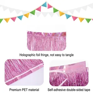 Pink laser foil fringe curtain for party background decoration with adhesive tape