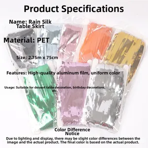 Close-up of high-gloss PET foil fringe table skirt in multiple metallic party colors