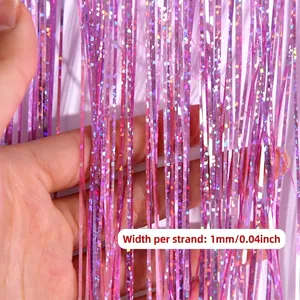Pink holographic tinsel curtain banner with 1mm strands for birthday party decoration