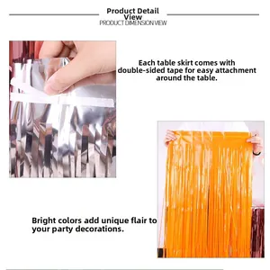 Close-up of metallic tinsel table skirt with adhesive backing for party decoration
