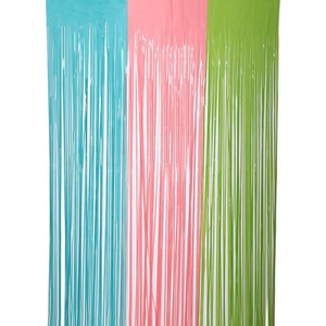 Fluorescent macaron tinsel curtains in pink, blue and green for birthday party backdrop