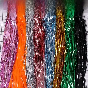 Detailed palette of eight metallic fringe table skirts for festive party decorations