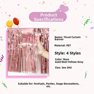 Detailed view of rose gold PET fringe curtain banner for party wall decorations
