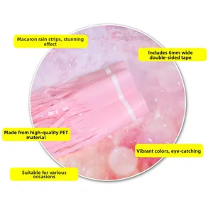 Pink PET tinsel curtain detail with 6mm adhesive tape for party wall decoration