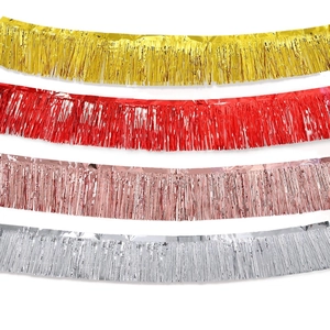 Metallic foil fringe curtains in gold, red, rose gold, and silver for party backdrops