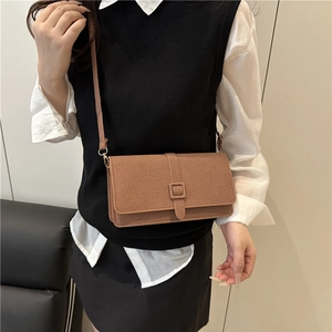 Brown knit texture small square crossbody bag with decorative buckle strap and flap