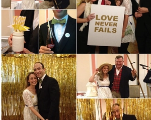 Detail view of golden fringe backdrop and Love Never Fails party props set