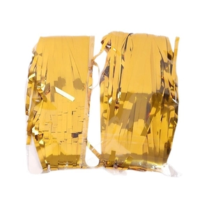 Two-pack golden metallic fringe table skirts for birthday party and festive dessert table decor