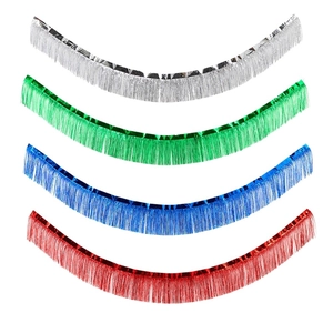 Metallic tinsel foil fringe banners in silver, green, blue, and red for party background