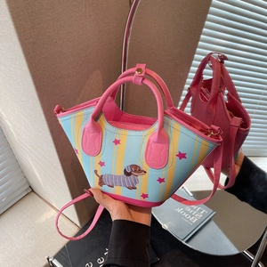 Sac Seau à Rayures Brodé de Teckel de Dessin Animé pour Femmes Sac à Main Bandoulière en Cuir PU Mode Étoiles Roses