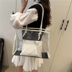 Minimalist clear PVC tote bag with white trim and large capacity interior pouch