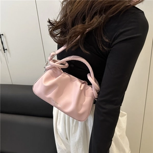 Pink pleated leather square crossbody bag with handle and silver logo for women