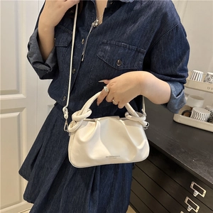 White pleated leather handbag with knotted handle and adjustable shoulder strap for women